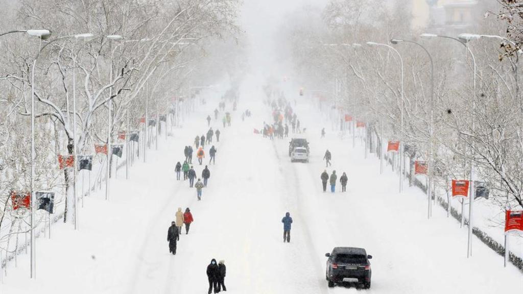 Una espesa capa de nieve cubre el Paseo de la Castellana en Madrid, este sábado.