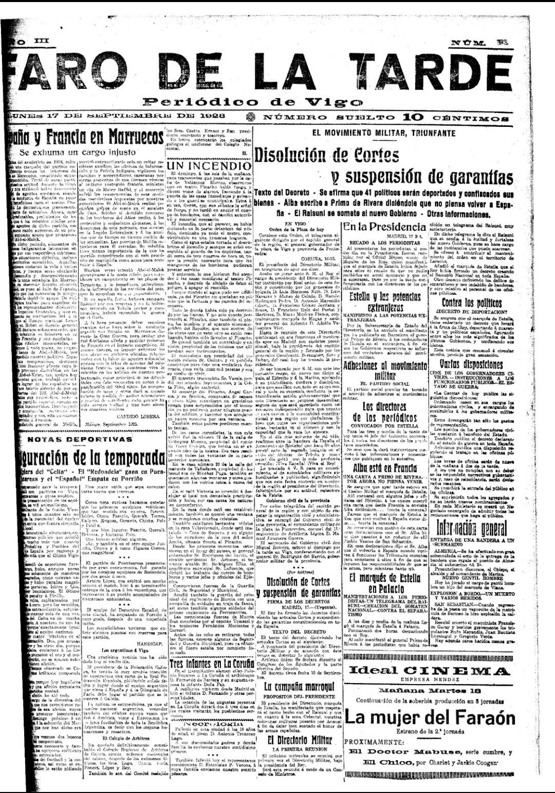 El primer partido de la historia del Celta compartió portadas con el golpe de Primo de Rivera. Fuente: Faro de Vigo