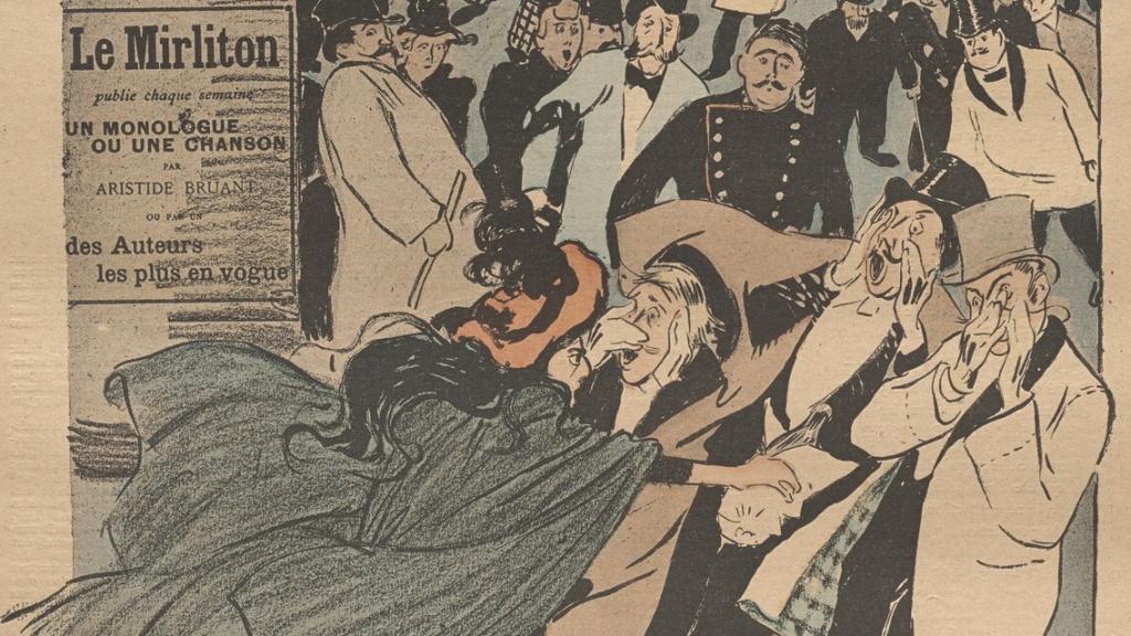 Ilustración de una mujer echando ácido a varios hombres. Théophile-Alexandre Steinlen, 'Le Mirliton, no. 129'. Publicado en septiembre de 1893.