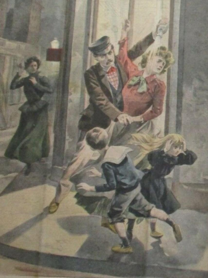 Una ilustración de 'Le petit journal' de 1901 titulada 'Un mari vitrioleur', que muestra a un hombre arrojando ácido a una mujer.