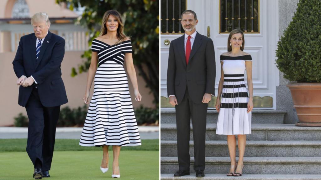 Meses después que Letizia vistiera este diseño a rayas de Carolina Herrera, Melania optó por uno similar y de la misma diseñadora.