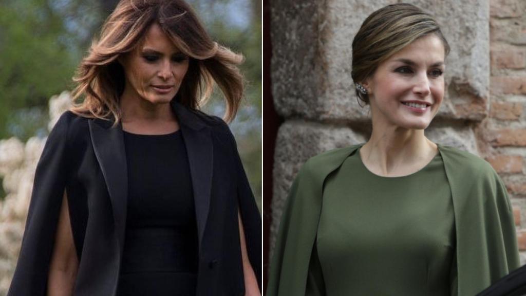 En 2018, Melania se decantó por un vestido con efecto capa, un modelo que cautivó  a la Reina meses antes.