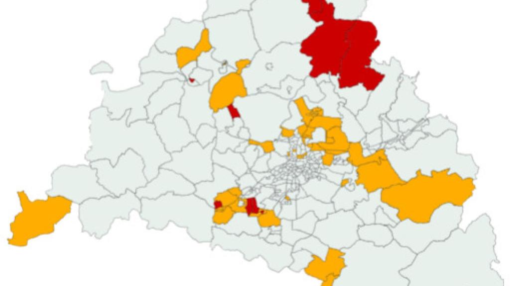 Mapa de Madrid de las 47 zonas básicas y 19 municipios confinados. Europa Press