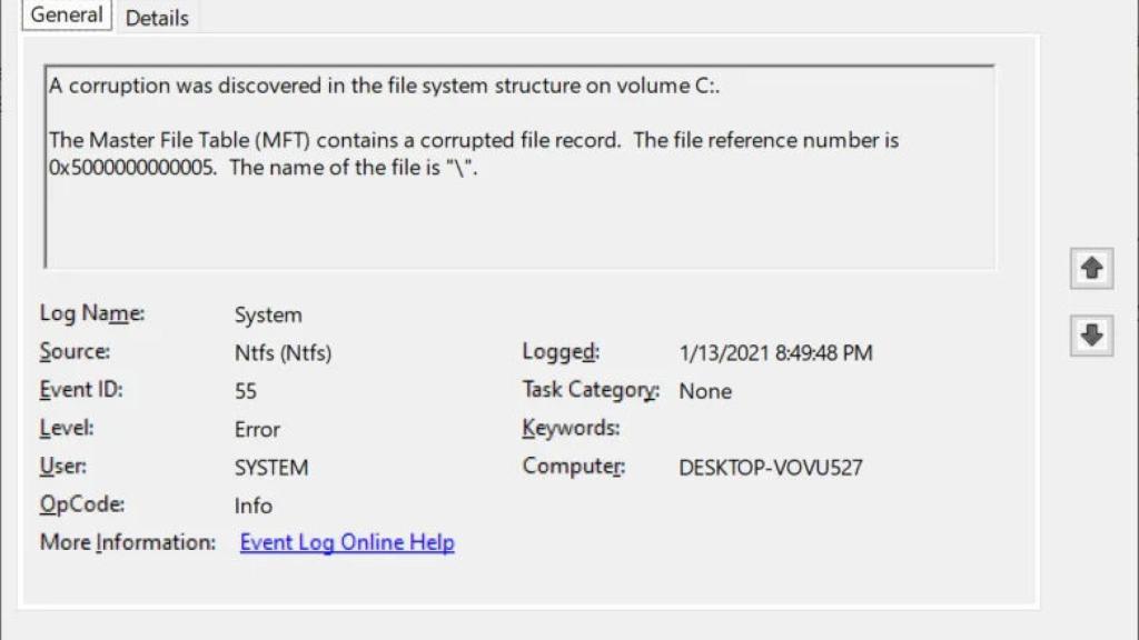 Ventana que demuestra corrupción en un disco duro en Windows 10