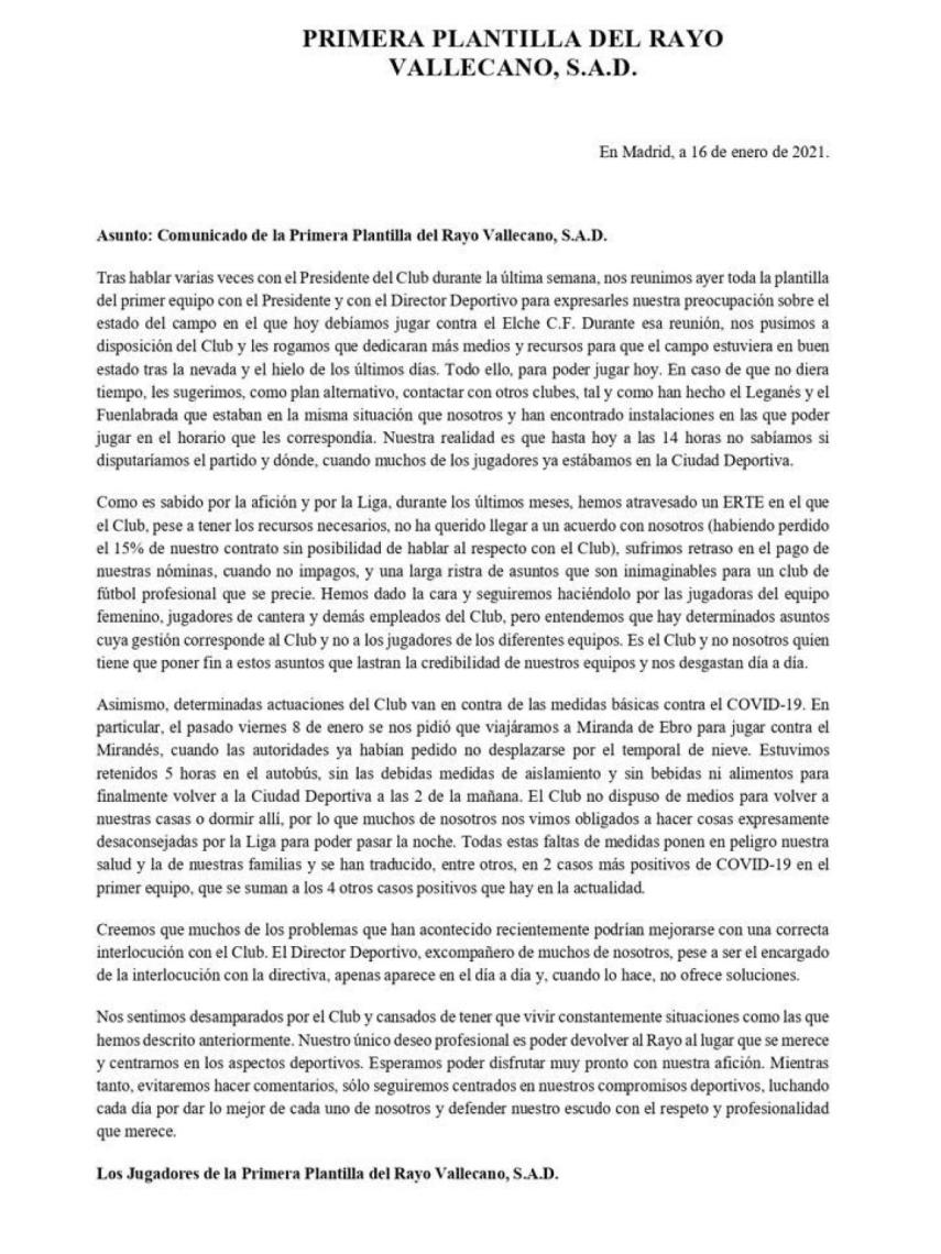 Comunicado de la plantilla del Rayo Vallecano