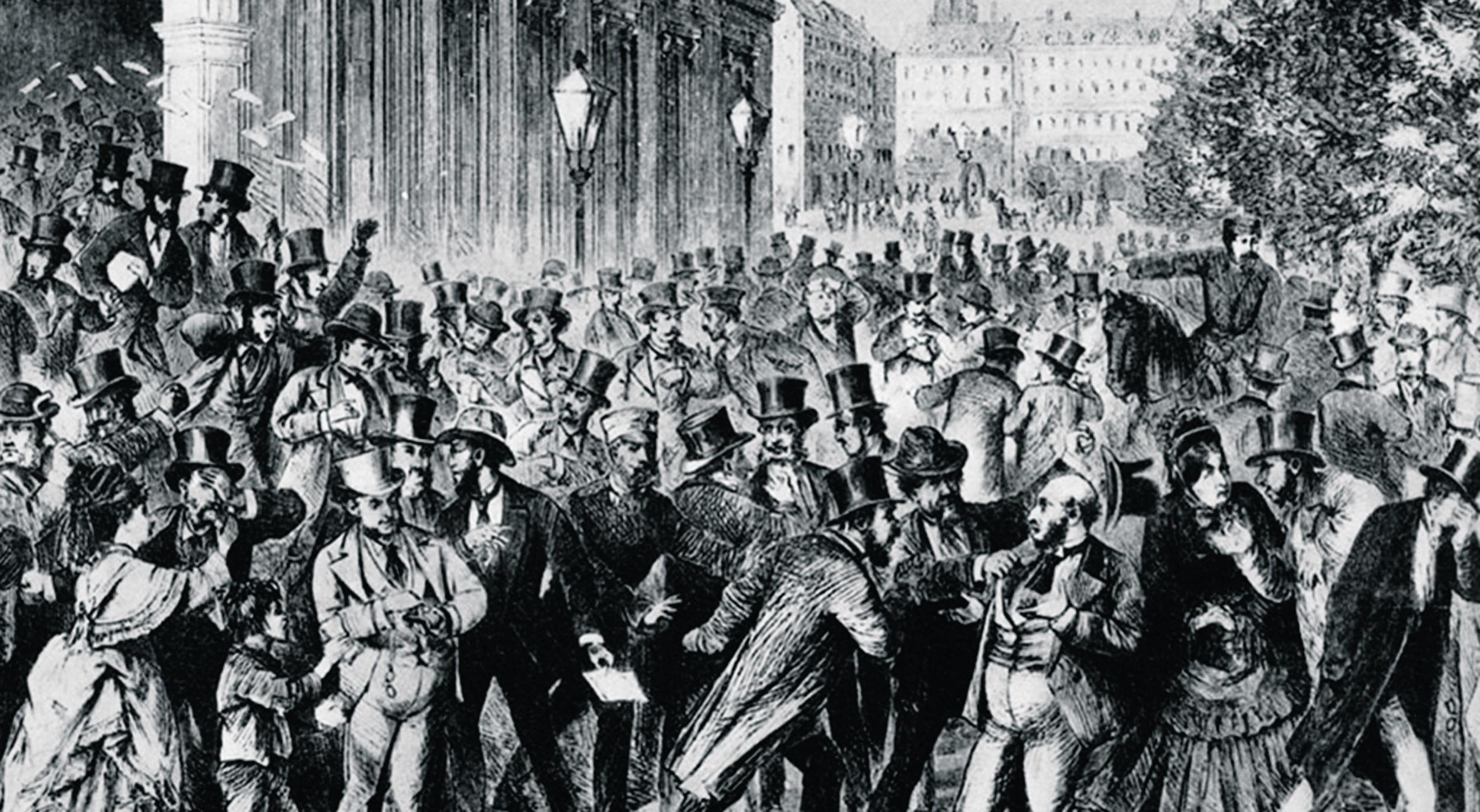 Dibujo recreando el caos en las calles de Nueva York durante el viernes negro de 1873