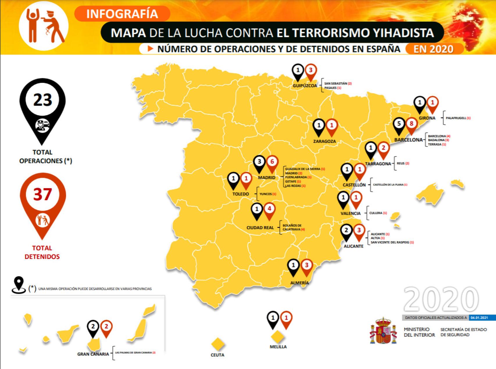 Mapa con todos los detenidos por yihadismo y las operaciones policiales de 2020.