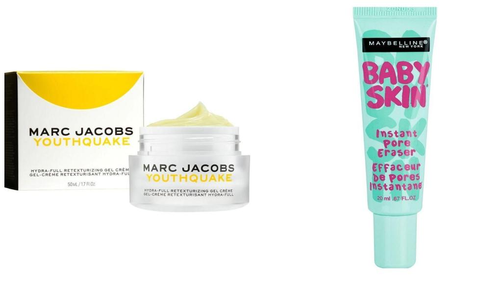 A la izquierda se encuentra la crema de Marc Jacobs Beauty y, a la derecha, la base de Maybelline.