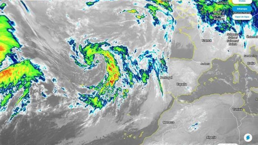 Imagen de satélite, donde se aprecia la borrasca Gaetan al oeste de la península. Meteored.