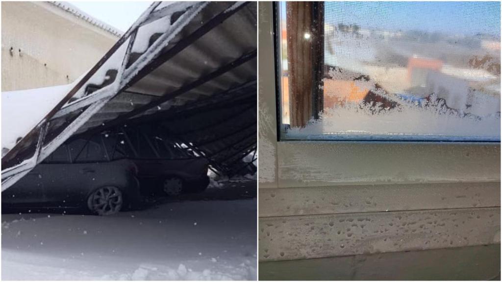 El aparcamiento de uno de los cuarteles, y la ventana congelada de una de las dependencias.
