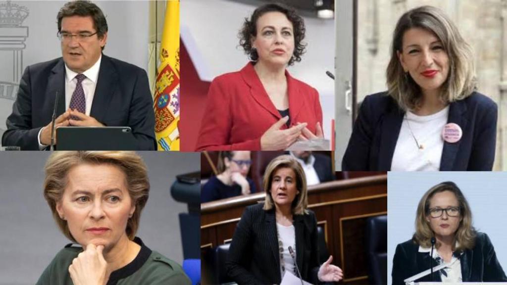 José Luis Escrivá, Magdalena Valerio, Yolanda Díaz, Ursula Von der Leyen, Fátima Báñez y Nadia Calviño.