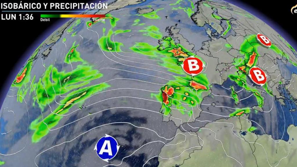 El frente atlántico sobre la Península el lunes 25 de enero. Eltiempo.es.