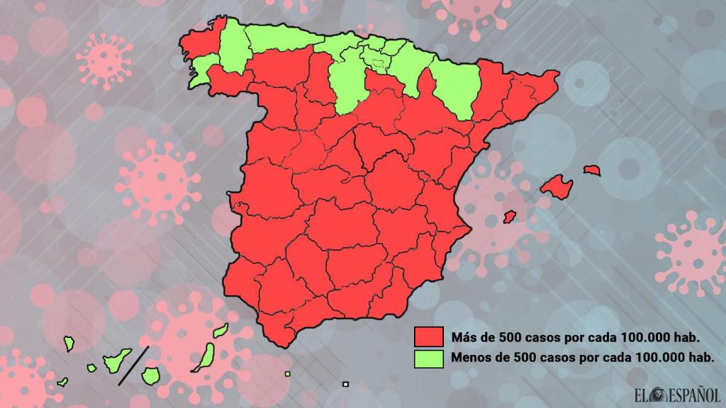 Mapa de las provincias de España según su incidencia acumulada.
