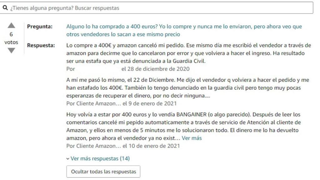 Preguntas y respuestas sobre el producto a 400 euros