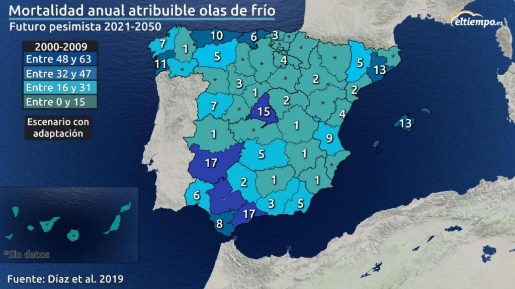 Mapa víctimas mortales ola de frío invierno 2050.