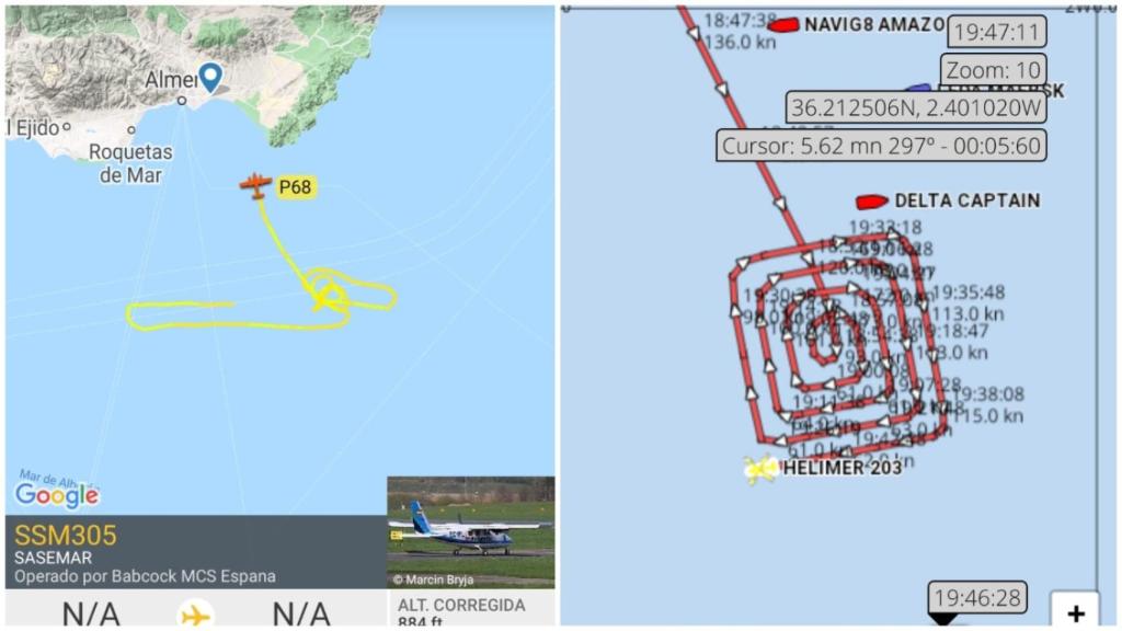 Ruta que ha seguido la avioneta de Salvamento Marítimo para tratar de localizar a José Antonio y Rasi.