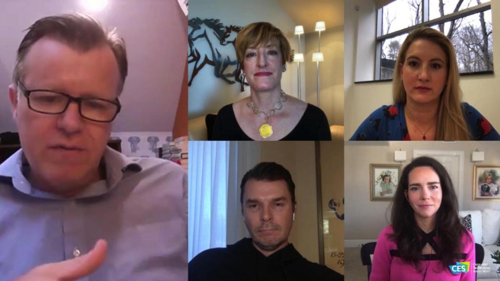 De izquierda a derecha: Michael Casey, director de contenido de CoinDesk; Caitlin Long, fundadora y CEO de Avanti; Jeanine Hightower-Sellitto, CEO de Atomyze; Matthew Roszak, el presidente de Bloq; y Catherine Coley, CEO de BinanceUS.