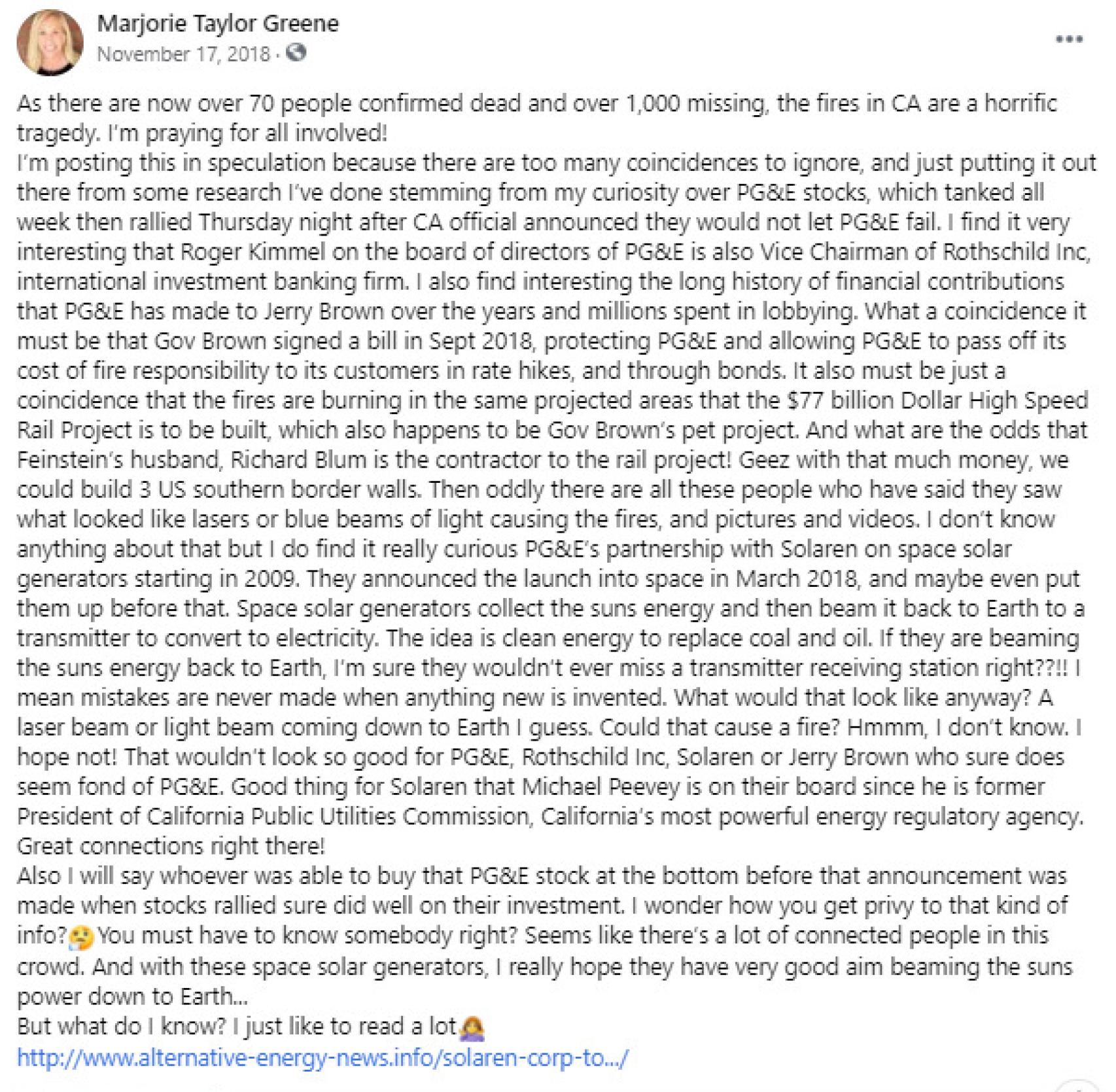 Publicación de Taylor Green en Facebook encontrada por Media Matters, en la que habla de los incendios forestales de Camp.