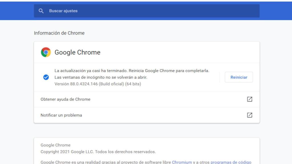 Si no hemos actualizado Chrome, con ir al menú de Ayuda podemos forzar la instalación