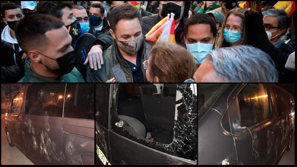 Santiago Abascal e Ignacio Garriga, en Hospitalet. Furgonetas de Vox destrozadas en Vic y Salt.
