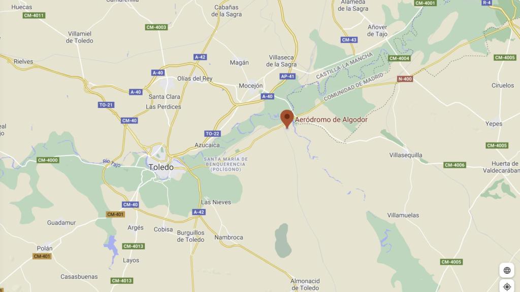 Mapa de la zona en la que se ha estrellado la avioneta, cerca del aeródromo de Algodor (Toledo).