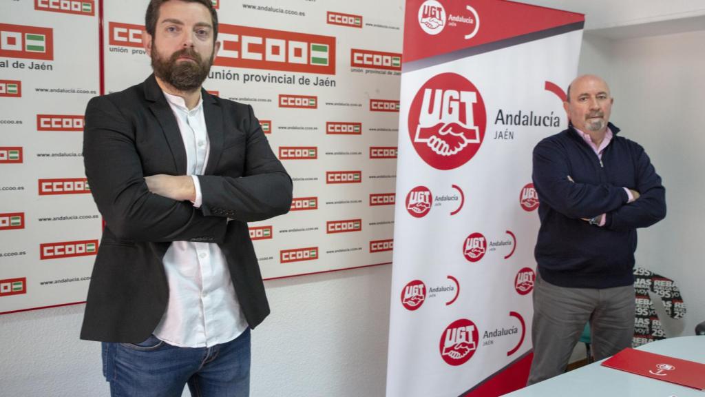 El secretario provincial en Jaén de CCOO, Francisco Cantero, y su homólogo de UGT en la provincia,  Manuel Salazar, este lunes.