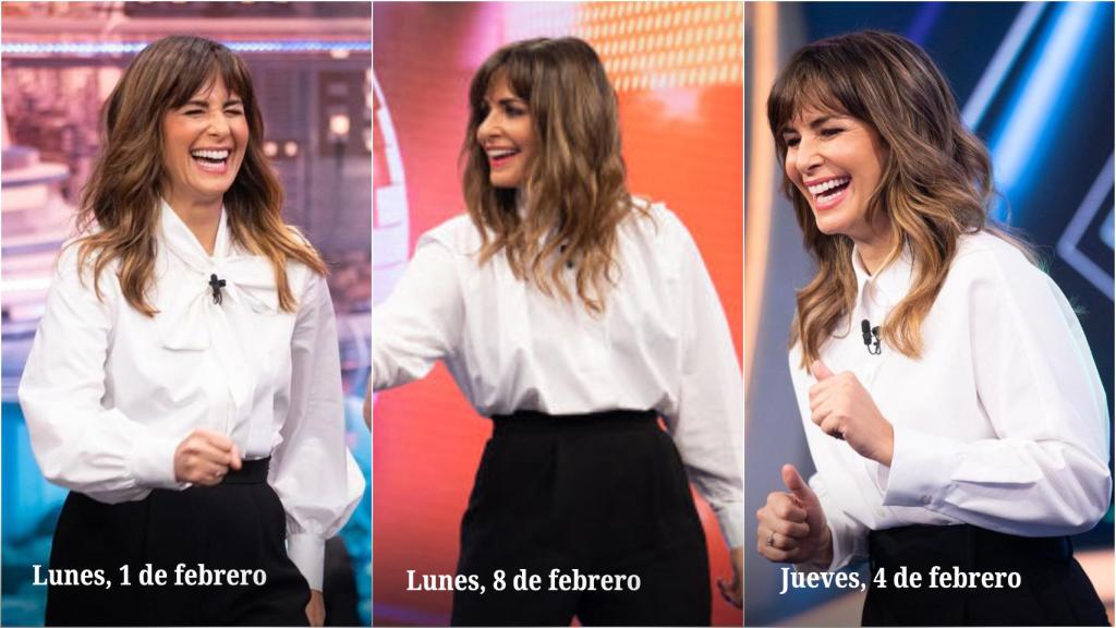 Nuria Roca presentando 'El Hormiguero' en tres días diferentes.