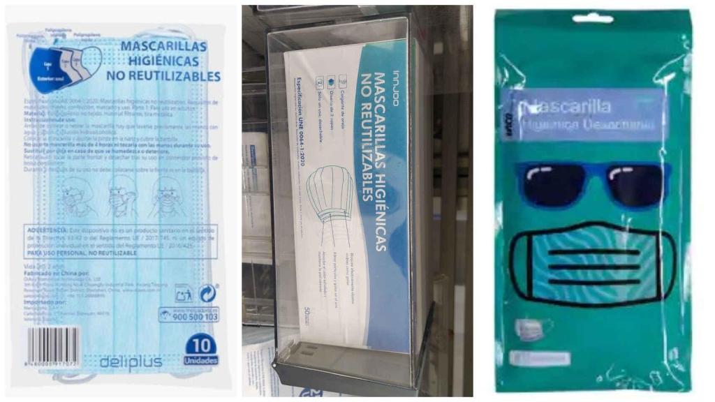 De izquierda a derecha, las mascarillas que vende Mercadona, Carrefour y Alcampo, las tres más baratas de los supermercados.