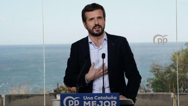 El presidente del PP, Pablo Casado, en un acto de campaña en Cataluña.