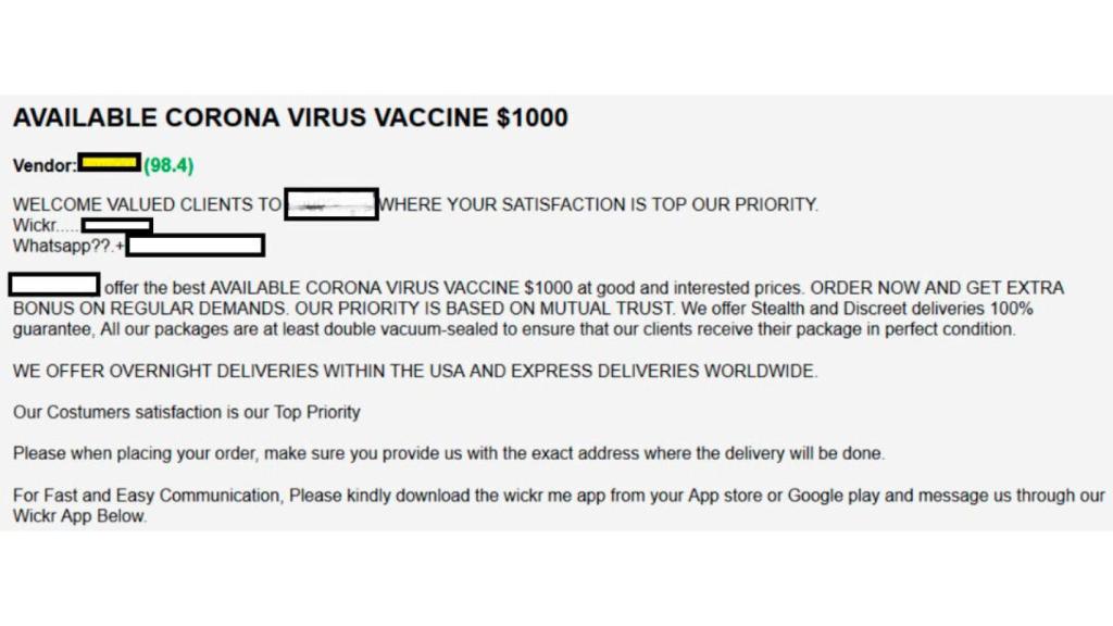 Uno de los anuncios de vacunas contra la Covid encontrados por Check Point en la 'dark web'.
