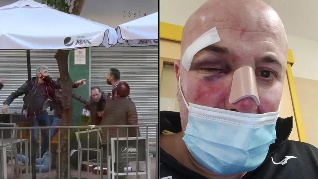 Uno de los policías gesticula durante la paliza y la víctima con las heridas.