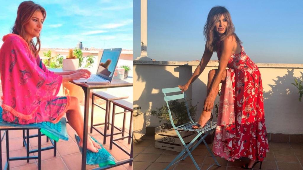 Gema en dos imágenes en la terraza de su casa.