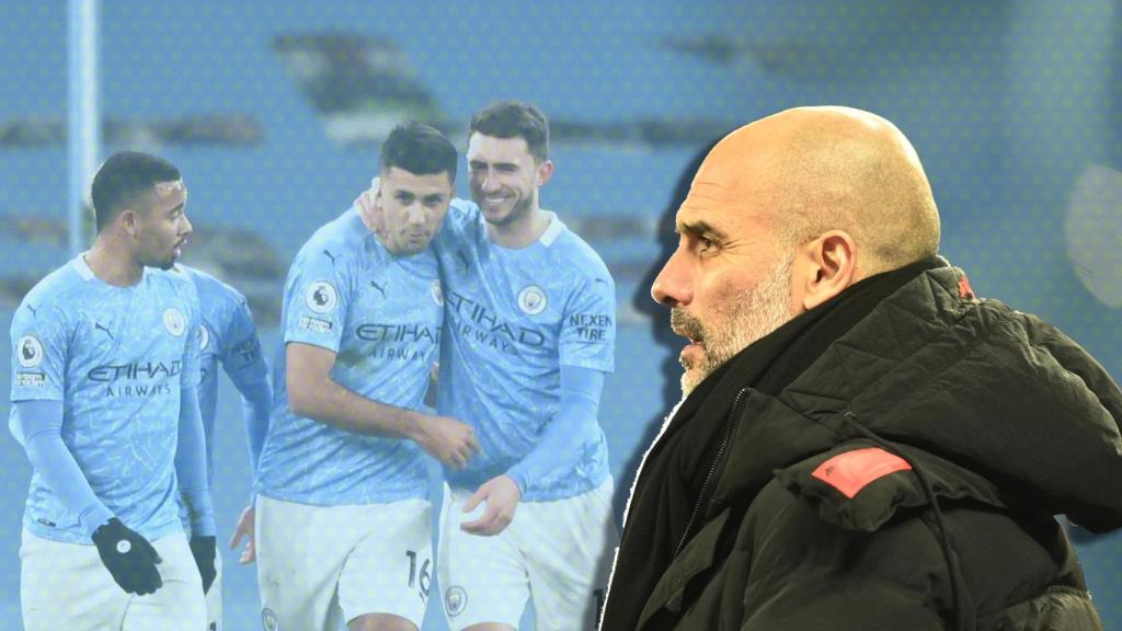 Pep Guardiola y su Manchester City, en un fotomontaje