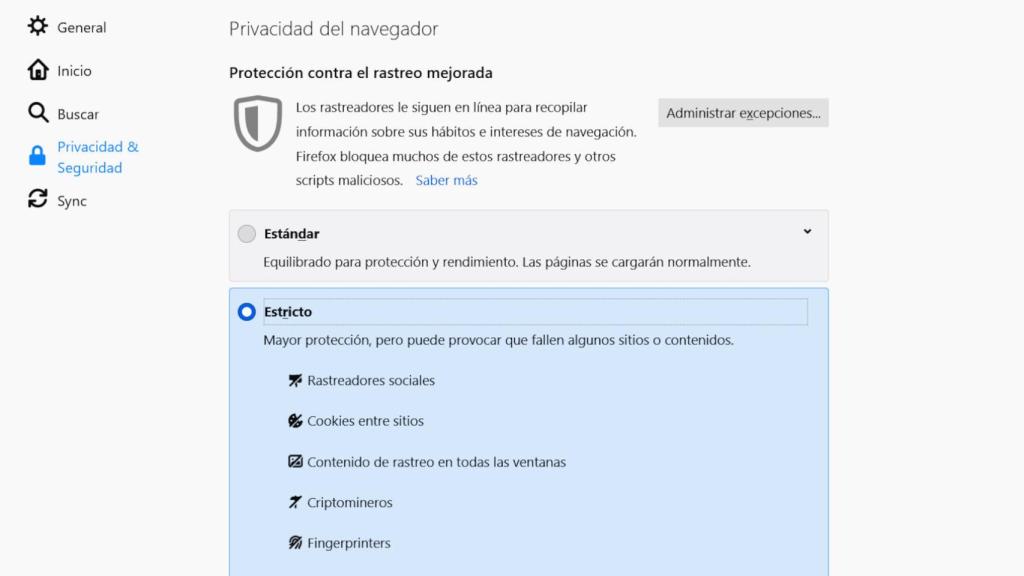 La protección de cookies de Firefox se activa en la configuración