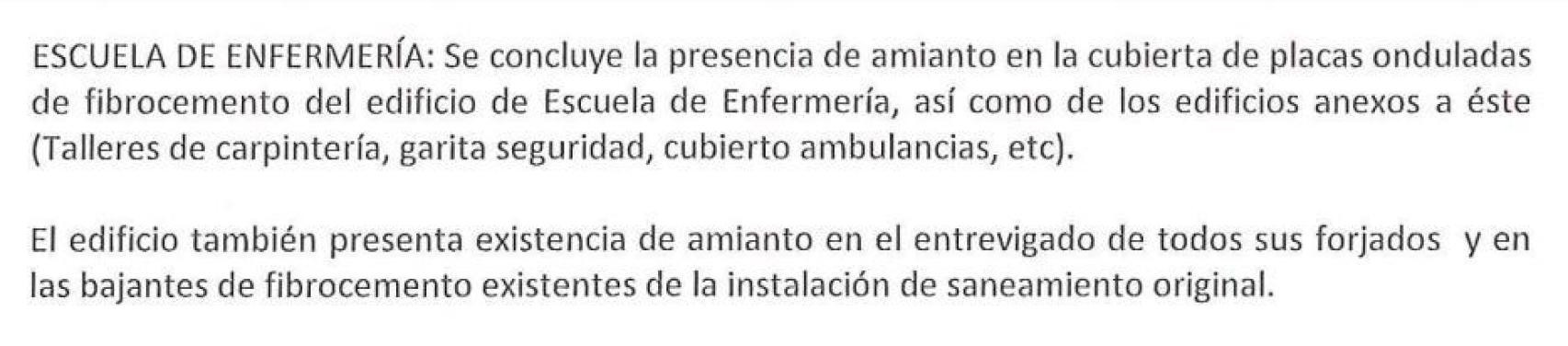 Detalle del Informe del COACV sobre el amianto en el edificio. EE