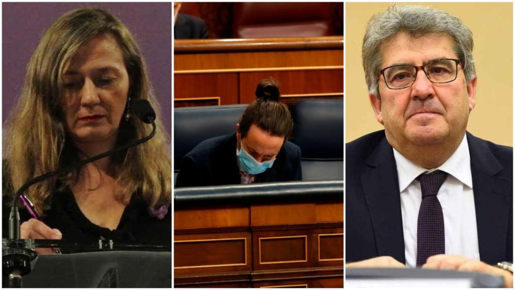 Victoria Rosell, Pablo Iglesias y José Ricardo de Prada.