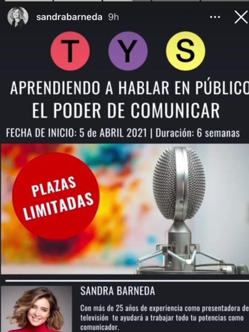 Sandra Barneda ha compartido los detalles de su próximo curso a través de sus 'stories'.