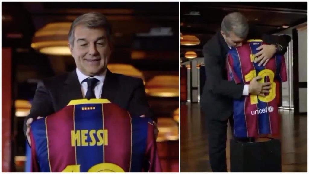 Laporta con un maniquí de Leo Messi
