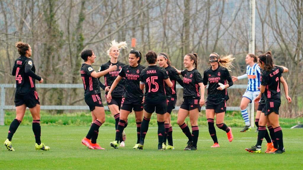 Las jugadoras del Real Madrid Femenino celebran un gol frente a la Real Sociedad. Foto: Twitter (@realmadridfem)