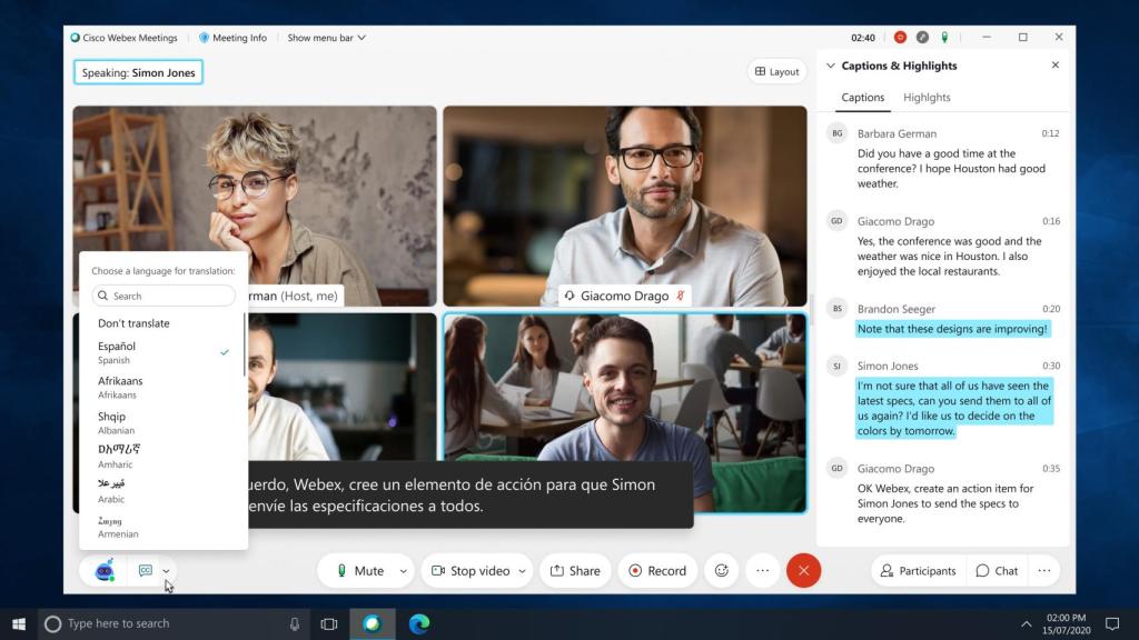 Imagen de una videoconferencia a través de Cisco Webex con interpretación instantánea