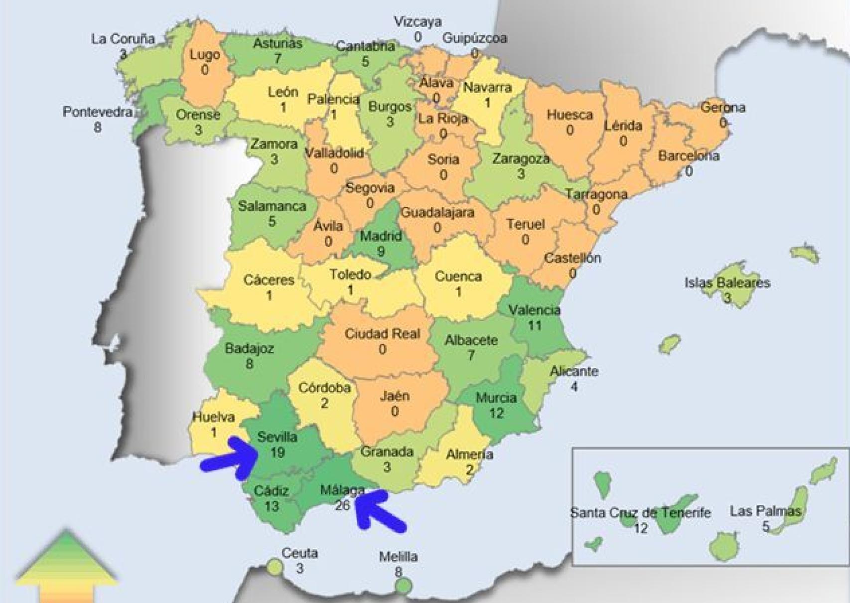 Mapa con el número de agresiones a sanitarios registrado por la Policía Nacional en 2020.