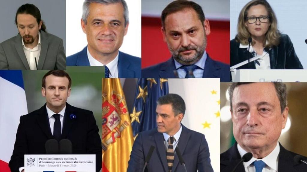 Pablo Iglesias, David Lucas, José Luis Ábalos, Nadia Calviño, Emmanuel Macron, Pedro Sánchez y Mario Draghi.