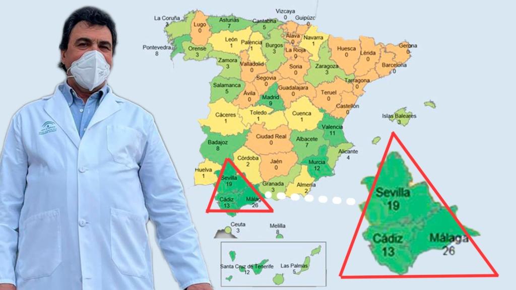El doctor Carlos Camacho sobre un mapa de España con la cifra de agresiones por provincias a personal sanitario.