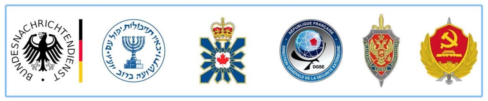 De izquierda a derecha los logos de las agencias de inteligencia de Alemania, Israel, Canadá, Francia, Rusia y China.