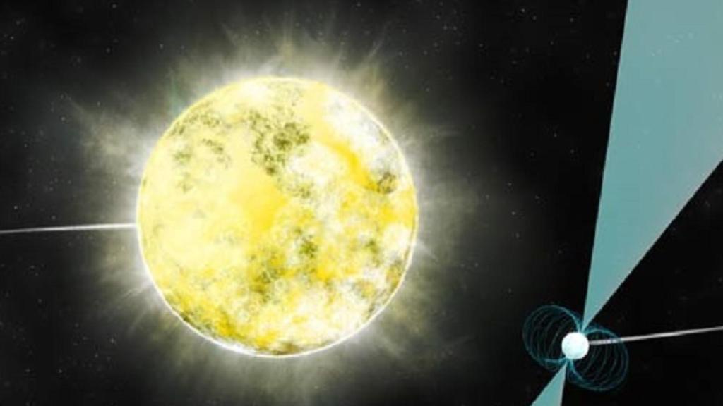 image_2016_2-PSR-J2222-0137 B. Saxton (NRAO - AUI - NSF) Interpretación artística de la enana blanca orbitando el pulsar PSR J2222-0137.