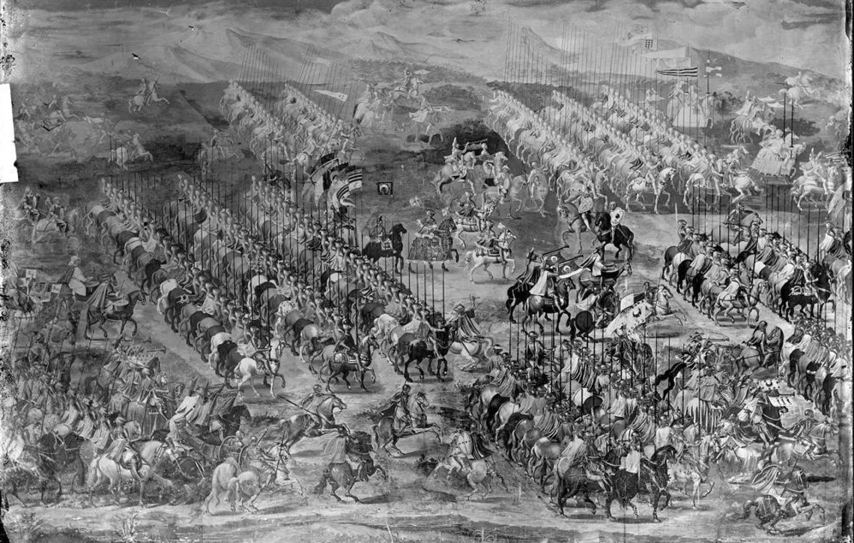 Fresco de la batalla de La Higueruela, en la Sala de Batallas del Escorial, en una fotografía tomada por Jean Laurent.