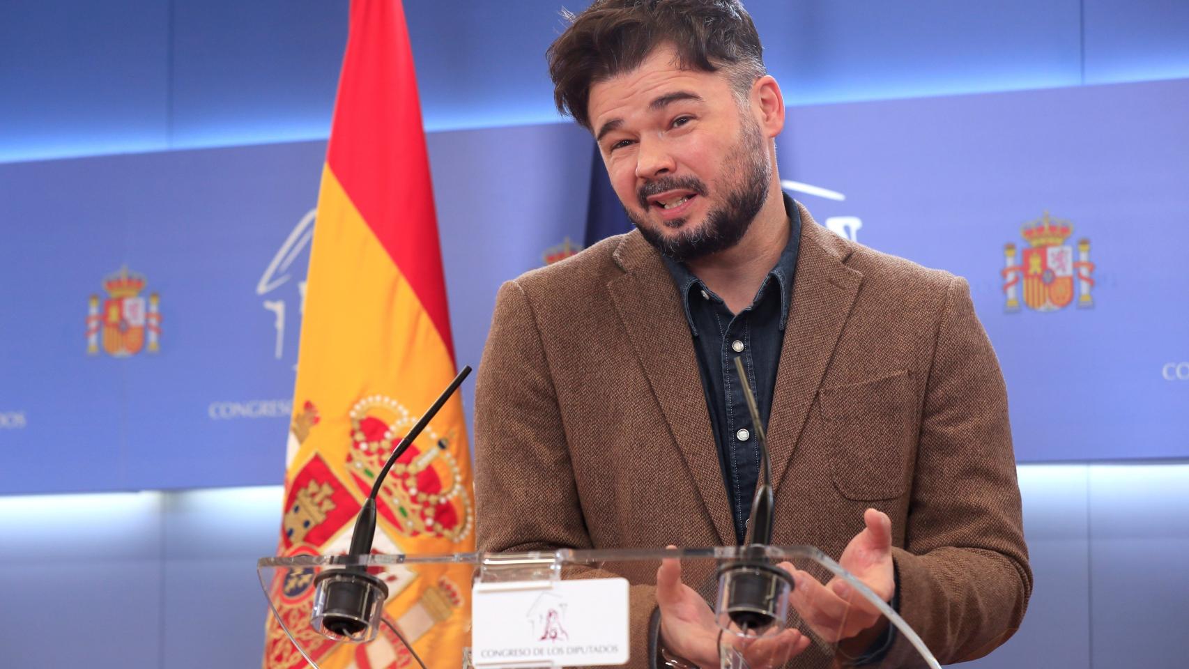 Gabriel Rufián, en su rueda de prensa de este martes en el Congreso.