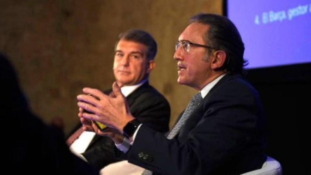 Joan Laporta y Jaume Giró, durante un acto de la campaña de Estimem el Barça. Foto: Twitter (@estimemelbarca)