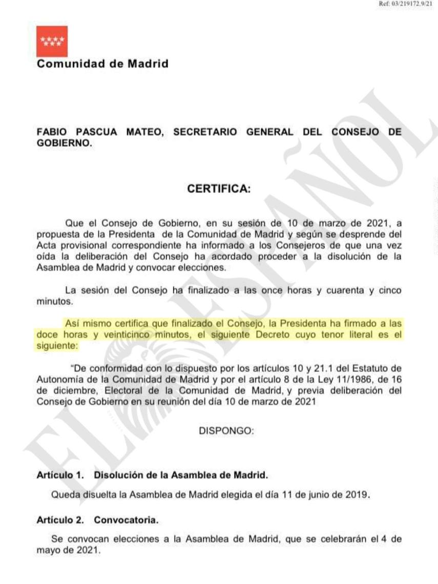 Documento que certifica que Ayuso firmó la disolución de la Asamblea a las 12.25 horas.