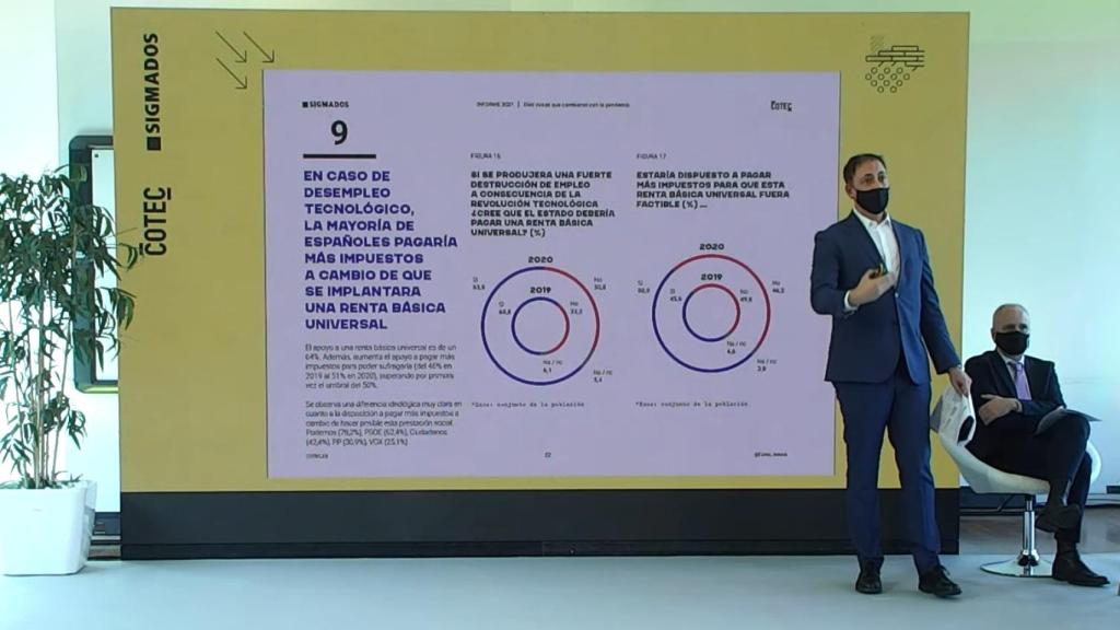 El director de Economía de Cotec, Aleix Pons, y el coordinador de la encuesta por Sigma Dos, César González, durante la presentación.